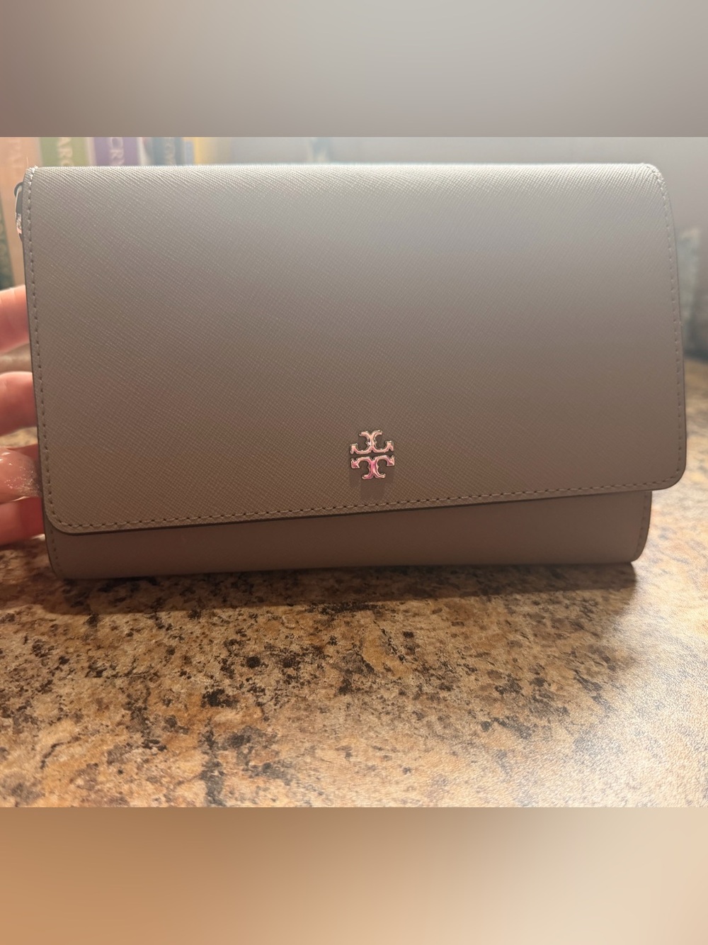 Tory Burch Grey Saffiano Leather Fold-Over Clutch with Logo